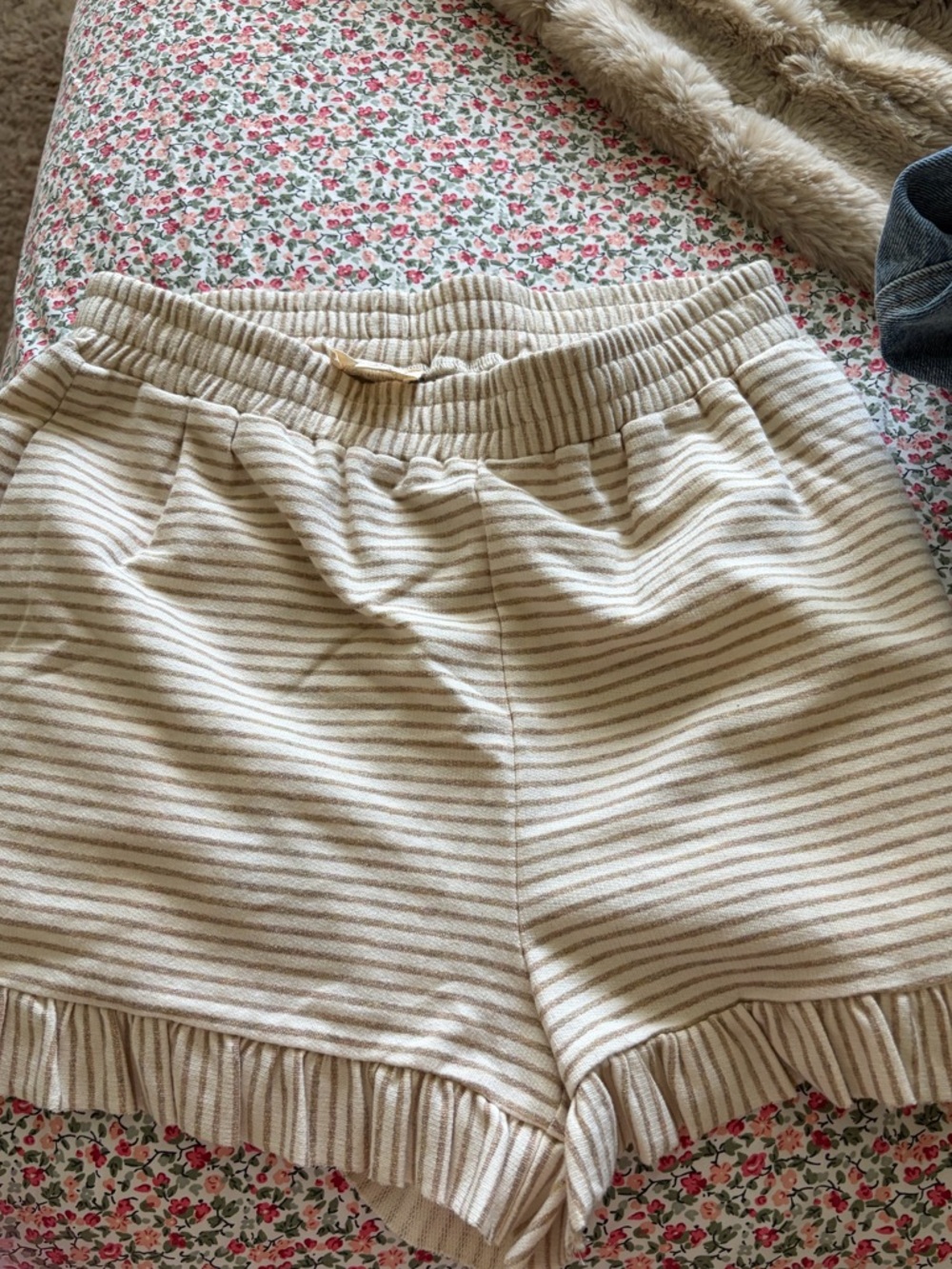 Hem & Thread Cream and Tan Striped Ruffle-Hem High Waist Shorts